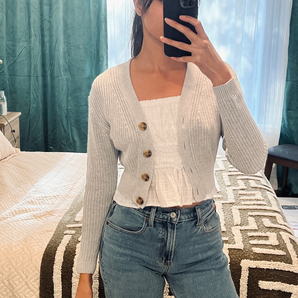 J. Crew Light Gray Cropped Button Cardigan